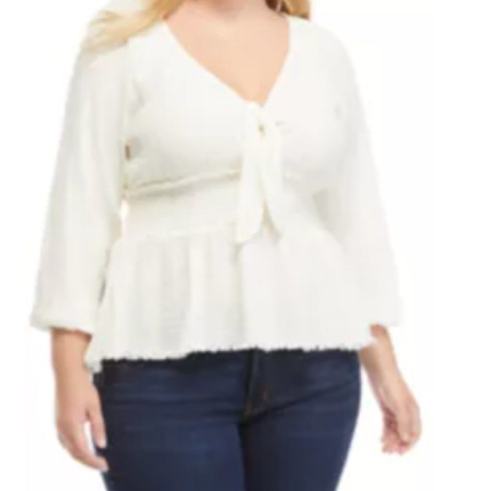 TRUE CRAFT Plus Size Smock Waist Peasant Top in Ivory Bow Tie Detail Blouse 2X